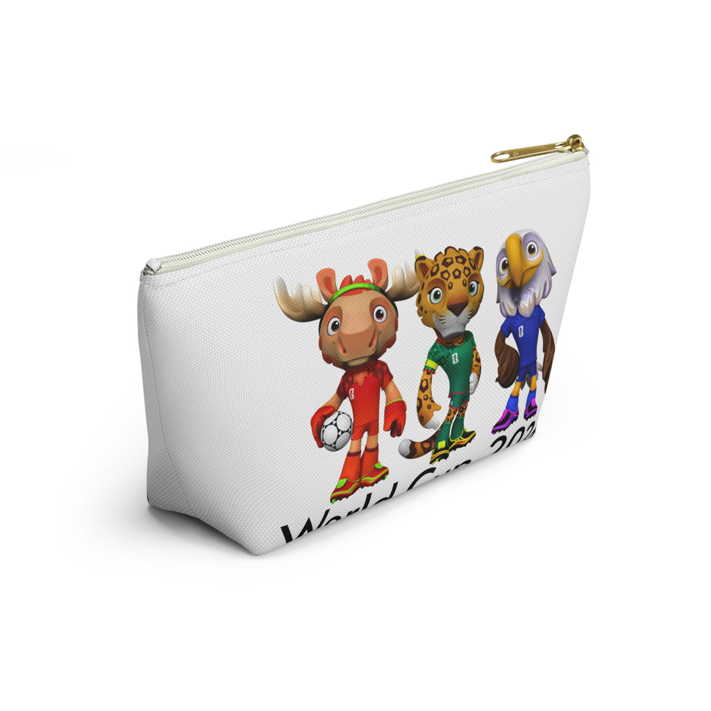 Bolsa de accesorios con mascota de fútbol. Neceser con base plana para aficionados y niños