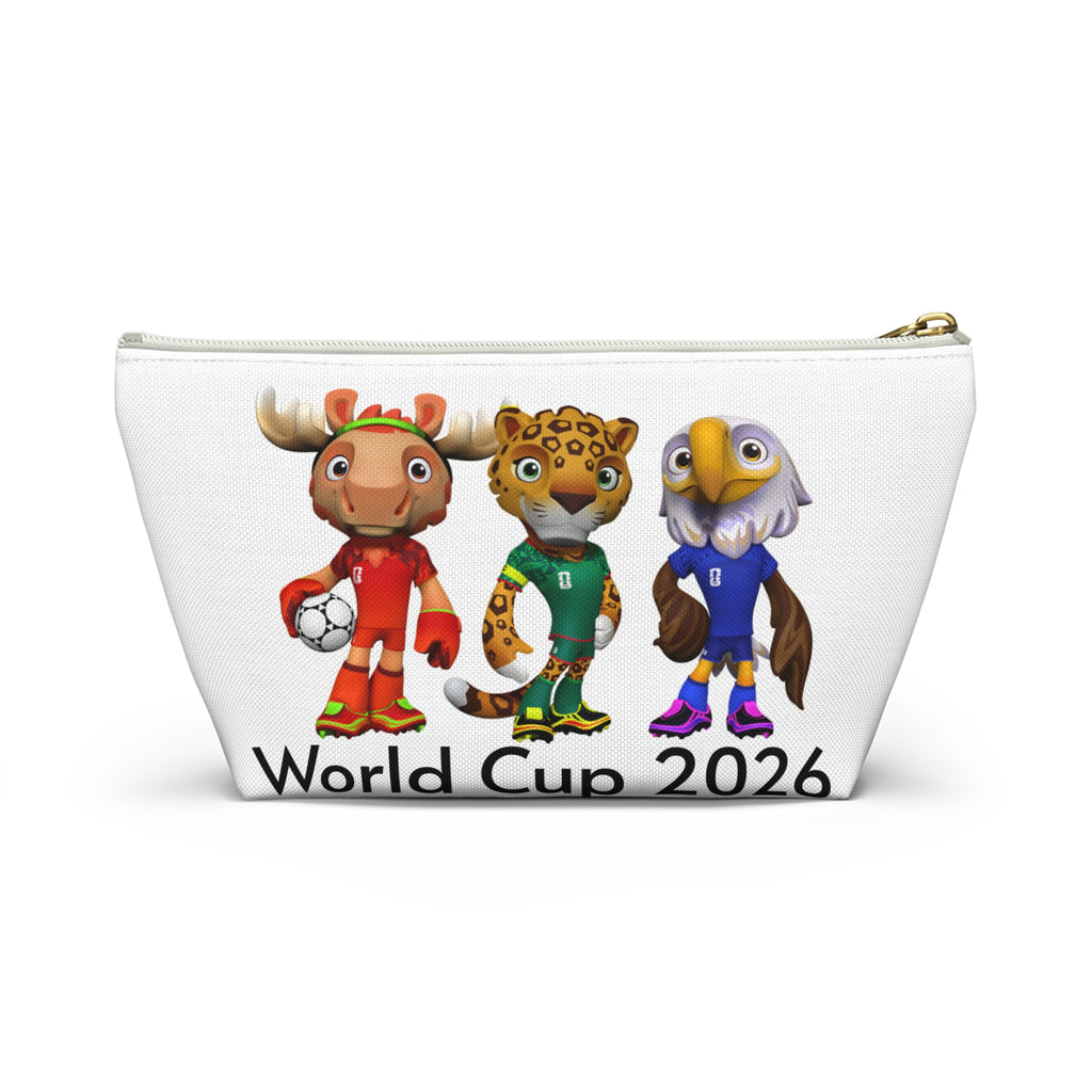 Bolsa de accesorios con mascota de fútbol. Neceser con base plana para aficionados y niños
