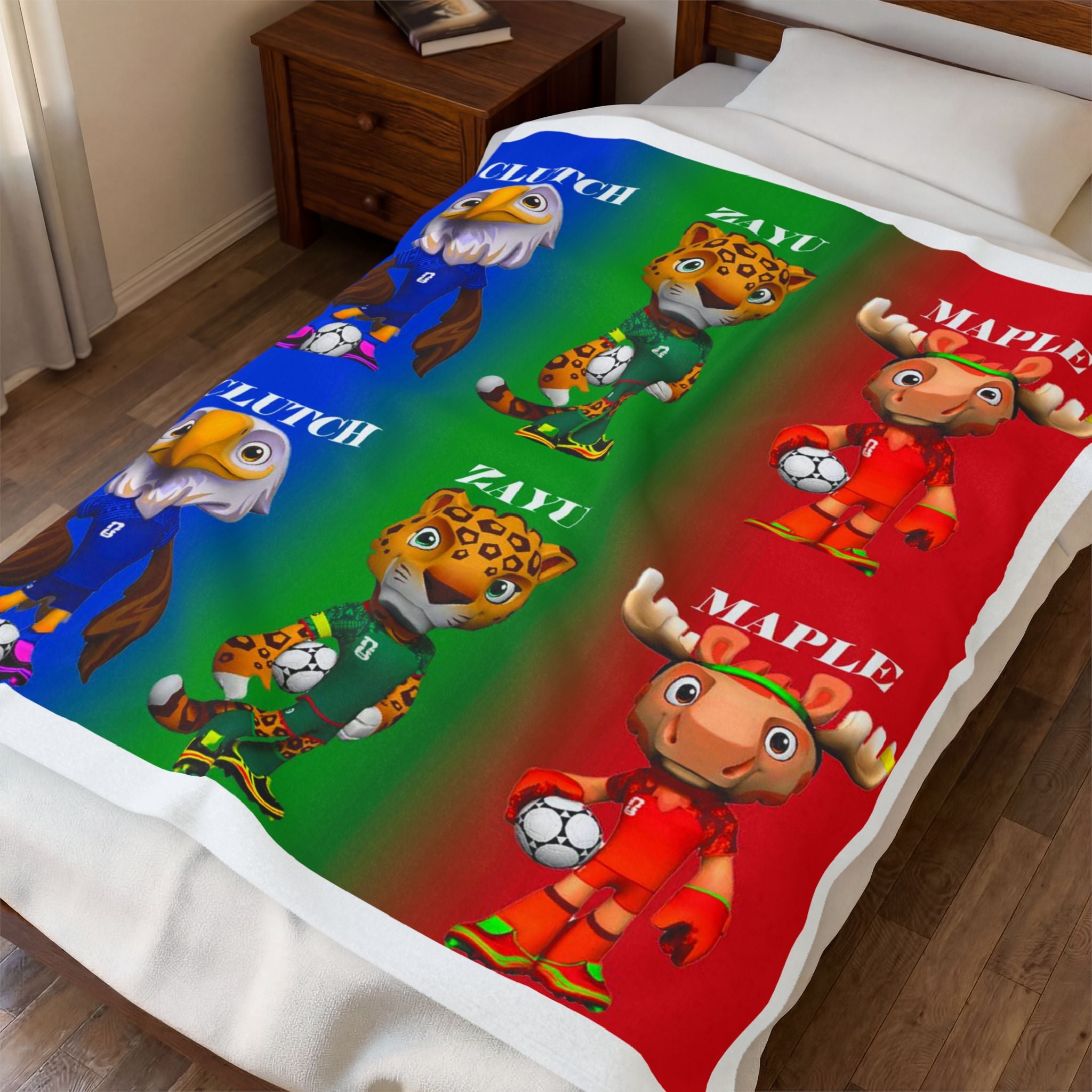 Manta de felpa aterciopelada. Trío de mascotas de fútbol infantil