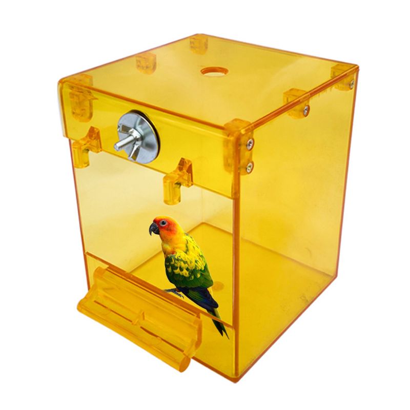 Bañera para pájaros, de exterior, transparente y con forma cuadrada.