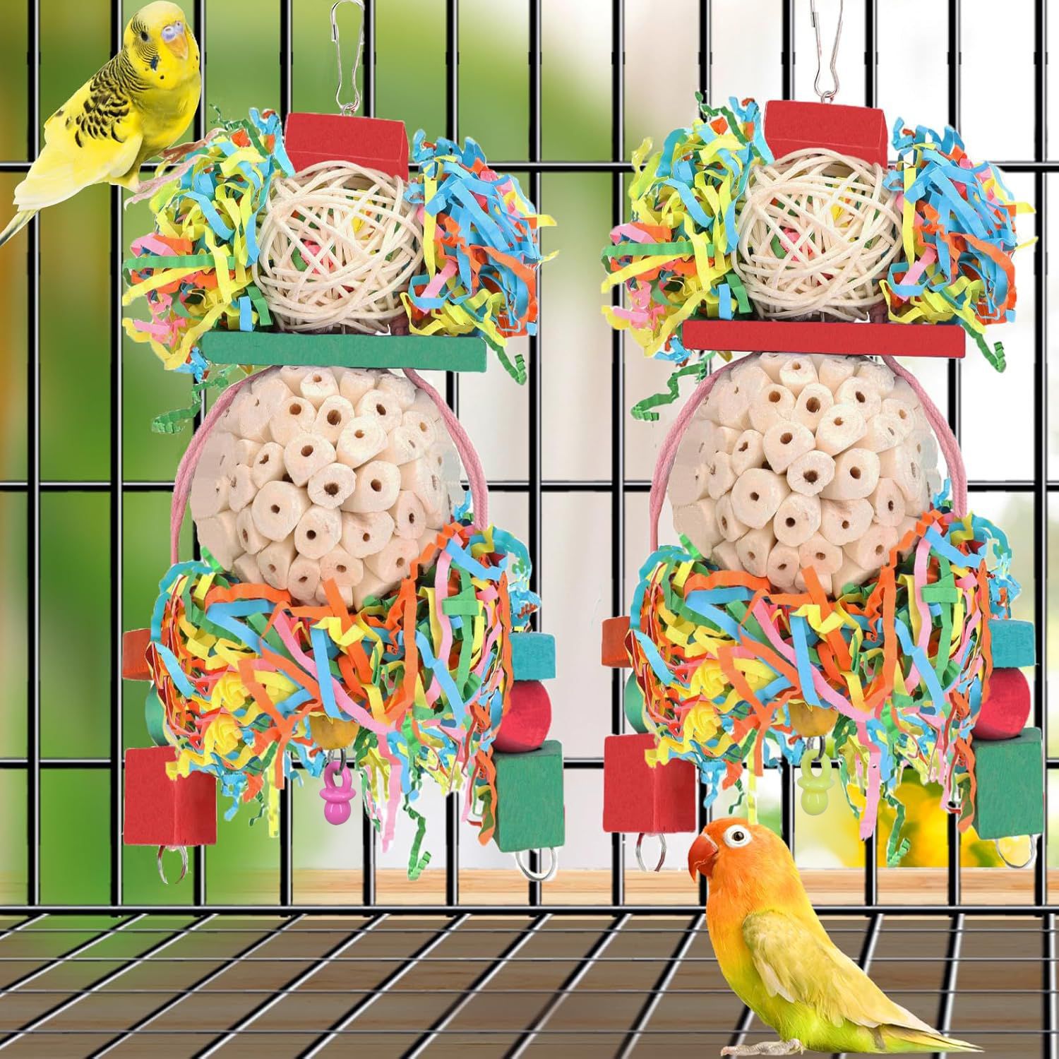 Accesorios de madera para jaula de pájaros, bola de paja.