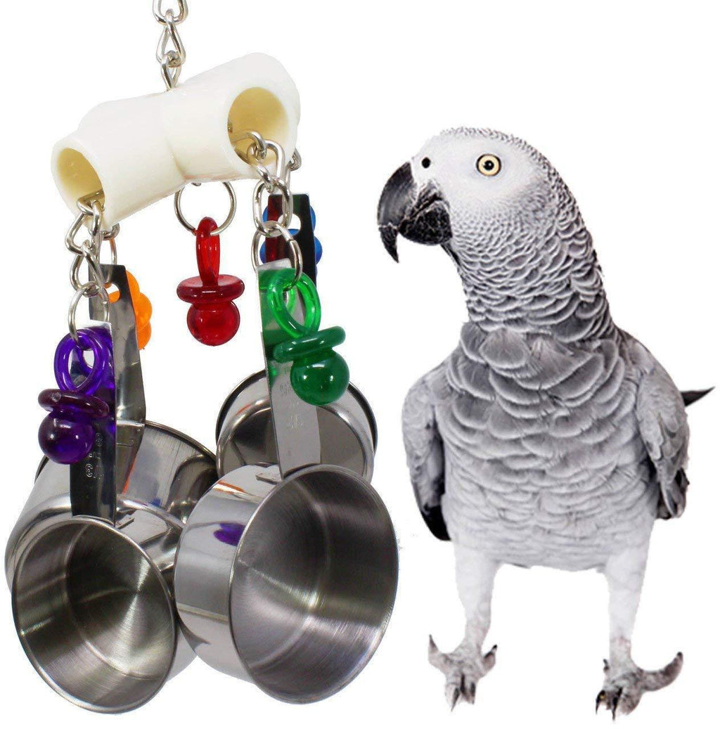 Juguete para loros, de acero inoxidable, con cuatro recipientes unidos por una cuerda.