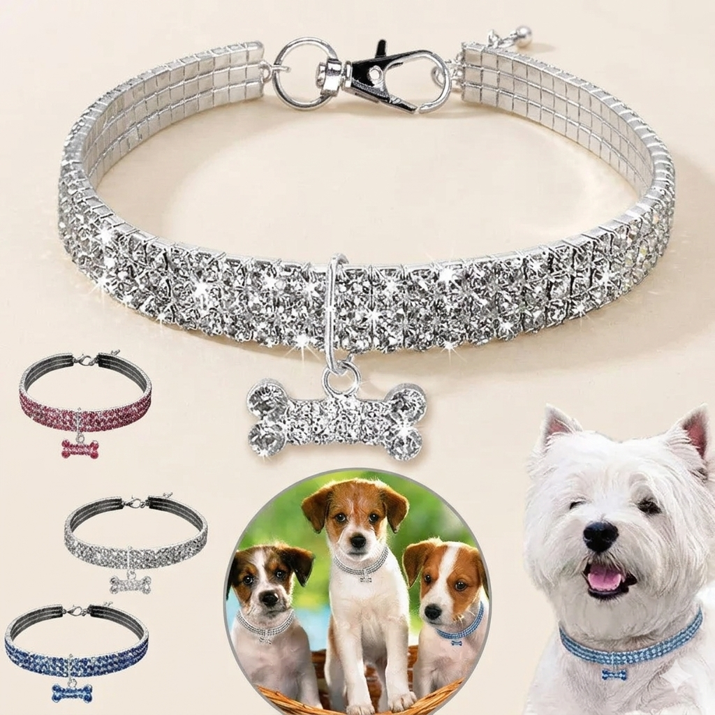 Collar elástico de cristal con diamantes de imitación para mascotas.