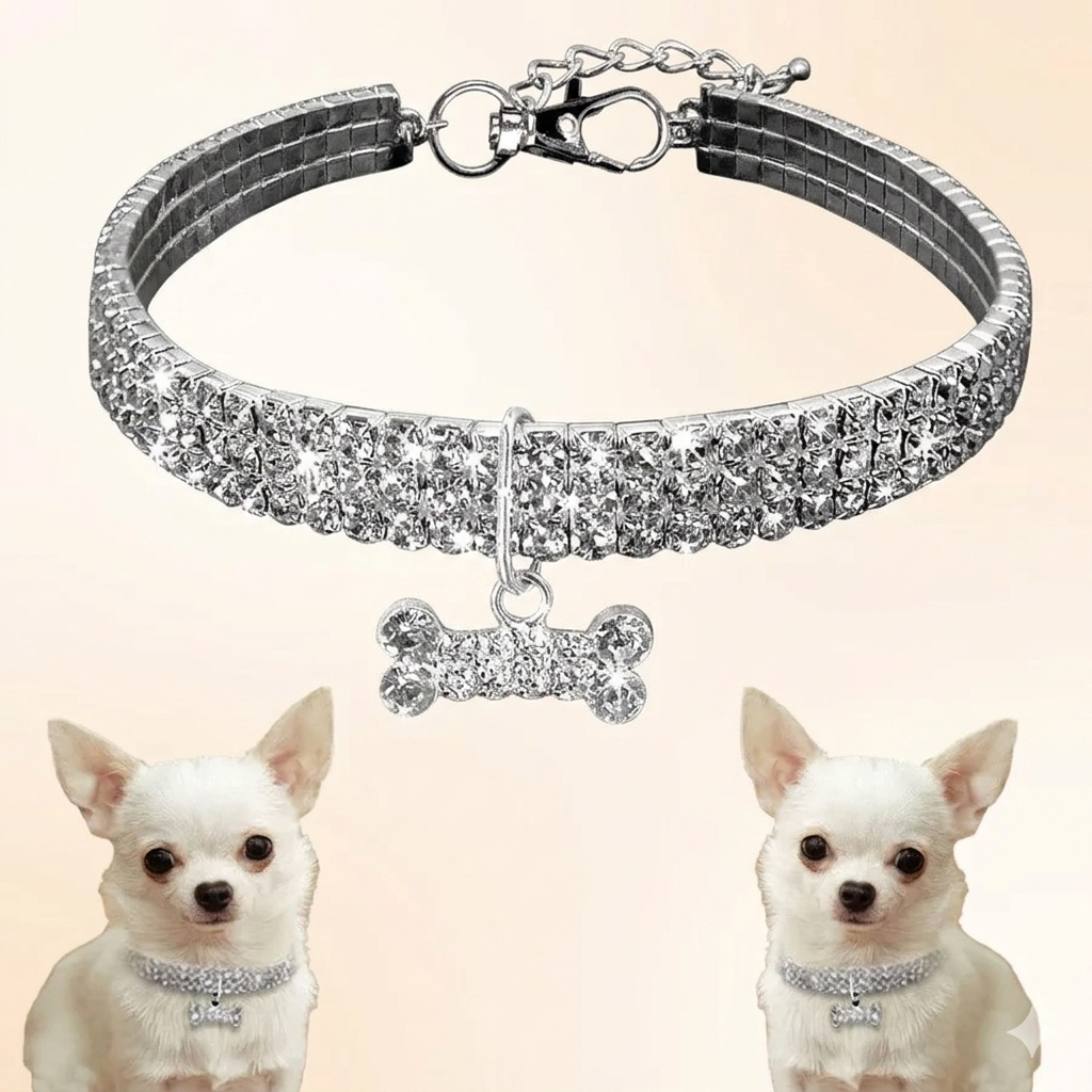 Collar elástico de cristal con diamantes de imitación para mascotas.