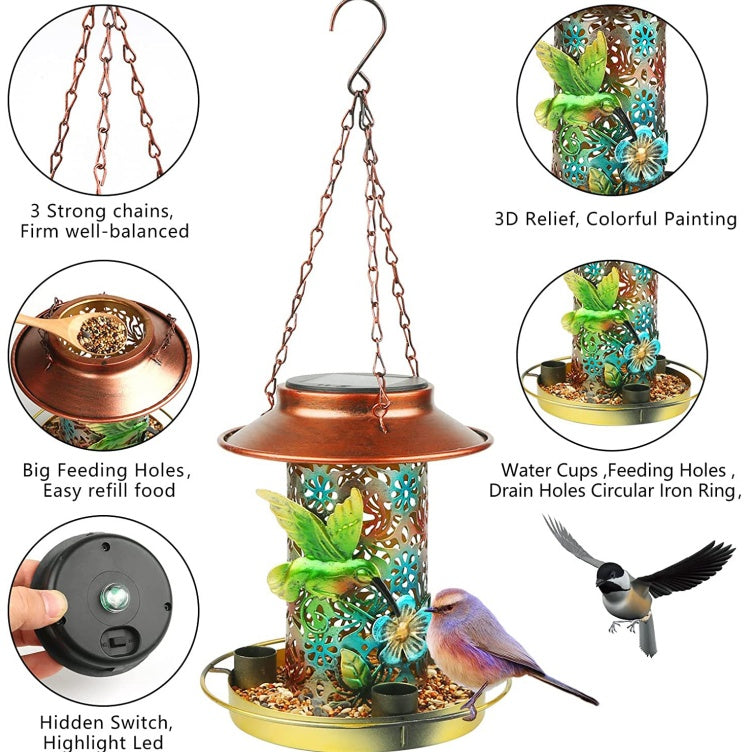 Comedero solar para pájaros para colgar al aire libre, de metal,con gancho en forma de S.
