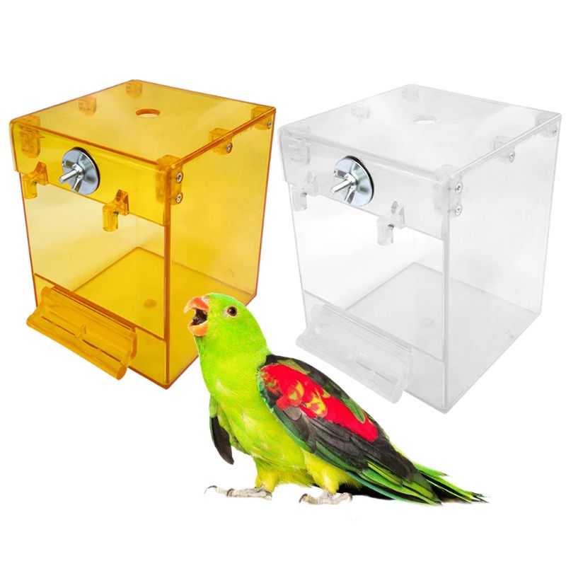 Bañera para pájaros, de exterior, transparente y con forma cuadrada.