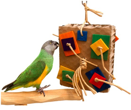 Juguete para loros con bloques de construcción de colores para mordisquear.