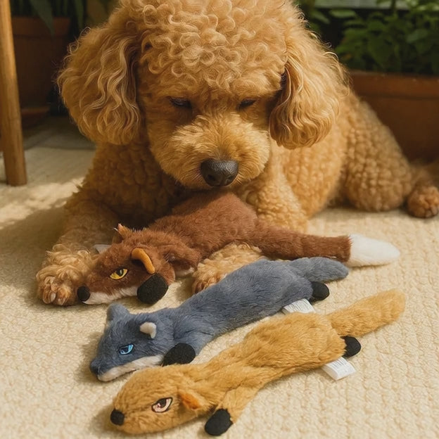 Juguetes para adiestramiento canino con sonido, ideales para morder y ayudan a la limpieza dental.